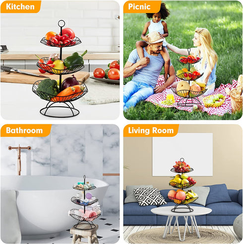 Metal Fruit Bowl, Garini 3 Tier Fruit Basket, Large Fruit Bowl for Kitchen Counter, Kitchen & Dining Table, Lotus Shape, Black