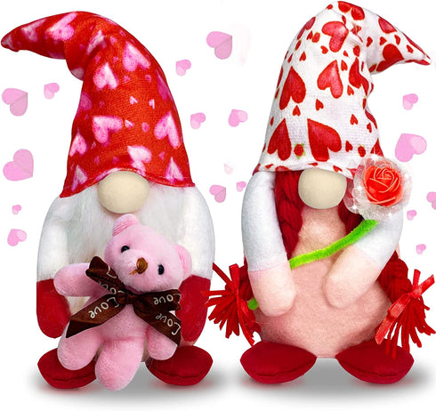 TURNMEON 2 Pcs Valentine's Day Plush Gnomes Decorations, 14" Mr & Mrs Scandinavian Swedish Tomte Gnomes Doll Elf with Bear Rose Valentines Decorations Home Indoor Outdoor Table Ornament Gifts Present