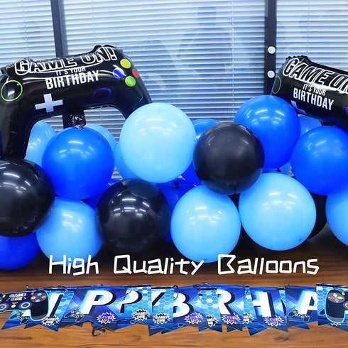 Video Game Party Supplies Birthday Decorations for Boys - 98 Pack Blue Black Balloons Garland with Gamer Birthday Banner Game Controller Balloons for Boy Level Up Birthday Party Decorations