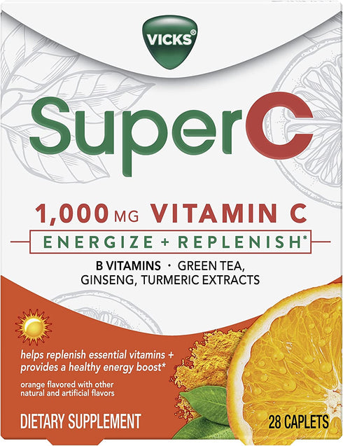 Vicks Super C Energize and Replenish* Daytime Daily Supplement with Vitamin C, B Vitamins Plus a Blend of Herbal Extracts, Coated to be Easy to Swallow, from The Makers of Vicks, 28ct