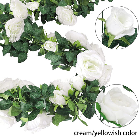 CEWOR 4pcs 26.2ft Artificial Rose Garlands Fake Silk White Rose Flowers Hanging Vines for Wedding Party Home Wall Garden Hotel Outdoor Decor