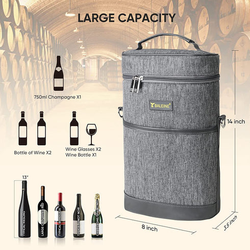 BALEINE 2 Bottle Wine Carrier - Insulated & Leakproof Wine Cooler Bag with Shoulder Strap for Picnic, Travel, BYOB Restaurant, Wine Gifts for Women (Ash Grey, 2 Bottle)