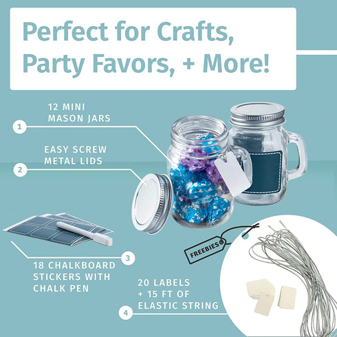 Otis Classic Glass Mason Jars - Mini Mason Jar Glasses with Lids & Handles for Holiday Crafts, Favors & Home Decor, 3.4 Ounce Pack of 12 Mini Mason Jars with 18 Chalkboard Stickers, 20 Labels & Pen