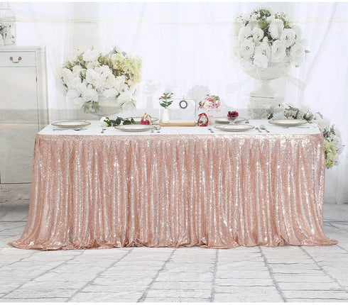 PartyDelight 6ft Rose Gold Sequin Table Skirt for Round/Rectangle/Square Table for Birthday Party Wedding Christmas.