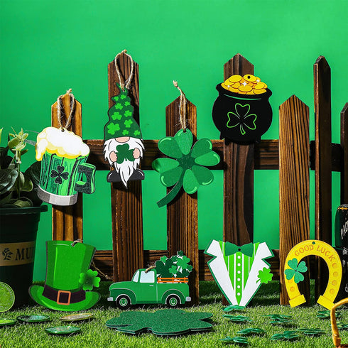 Yalikop 24 Pieces St Patricks Decorations Shamrock Wooden Ornaments Wood St Patricks Tree Hanging Ornaments Gnome Wooden Ornament for Irish Lucky Day St. Patrick's Day Party Favors (Lovely Style)