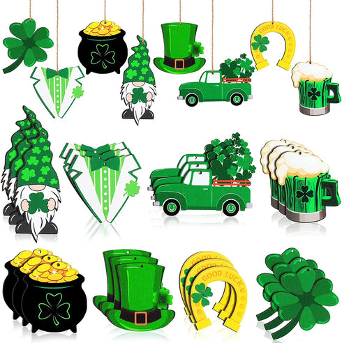 Yalikop 24 Pieces St Patricks Decorations Shamrock Wooden Ornaments Wood St Patricks Tree Hanging Ornaments Gnome Wooden Ornament for Irish Lucky Day St. Patrick's Day Party Favors (Lovely Style)