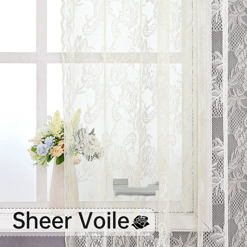 Floral Beige Semi Sheer Curtains 2 Panels,Vintage Lace Embroidered Window Treatments Girls Room Drapes and Curtains for Kitchen Bedroom Nursery Living Room Small Window, 60 x 63 Inch Length