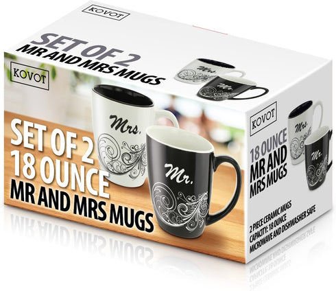 KOVOT Mr. and Mrs. Coffee Mug Set - Each Mug Holds 18 Ounces