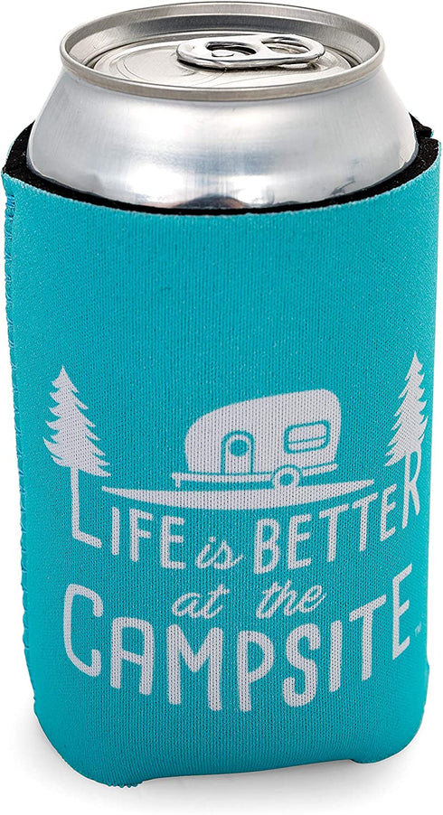 Camco Life is Better at The Campsite Can Sleeve Neoprene Soda or Beer Can Coolie, Fits 12 oz. Cans, Teal Blue and White Retro Camper Theme (53249)