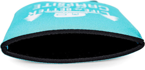 Camco Life is Better at The Campsite Can Sleeve Neoprene Soda or Beer Can Coolie, Fits 12 oz. Cans, Teal Blue and White Retro Camper Theme (53249)