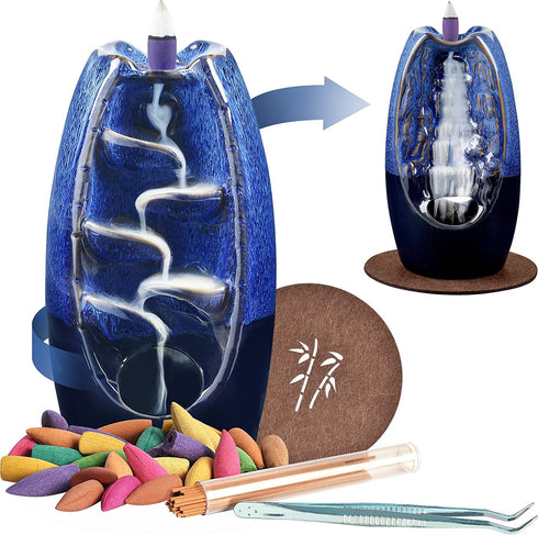 Ronlap Dual Sided Incense Waterfall Burner, Ceramic Backflow Smoke Incense Holder, Cool Aromatherapy Fountain Reverse Smoke Waterfall with 120 Incense Cones+30 Incense Sticks+1 Tweezer+1 Mat, Navy