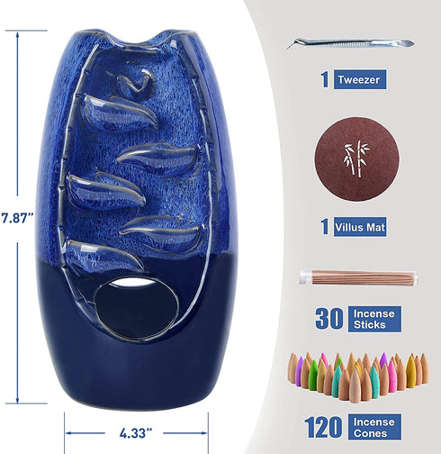 Ronlap Dual Sided Incense Waterfall Burner, Ceramic Backflow Smoke Incense Holder, Cool Aromatherapy Fountain Reverse Smoke Waterfall with 120 Incense Cones+30 Incense Sticks+1 Tweezer+1 Mat, Navy