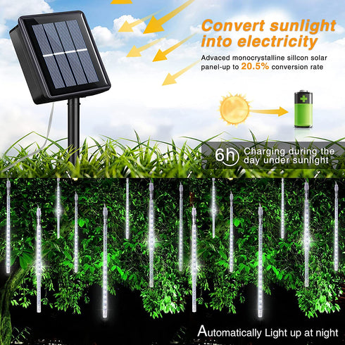 YEGUO Solar Meteor Shower Rain Lights Outdoor, White Meteor Lights 30cm 8 Tubes 144 LED, Falling Raindrop Fairy String Lights for Tree Holiday Porch Yard Patio Roof Party Christmas Decoration