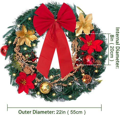 FUNARTY 22 Inches Christmas Wreath with Lights Poinsettia Golden Berries and Bowknot for Front Door Winter Christmas Indoor Outdoor Holiday Decor