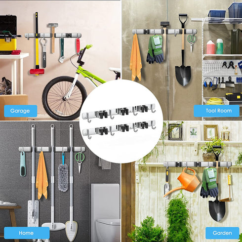 2 Pack Mop and Broom Holder Wall Mount, CVWCVBN Broom Organizer Wall Mount, Stainless Steel Broom Holder, Heavy Duty Tool Organizer, Mop Holder with 3 Racks and 4 Hooks for Home Kitchen Garden Laundry