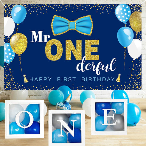Boys 1st Birthday Banner and Balloon Boxes Party Decoration Set Transparent ONE Blocks Mr. Onederful Baby Toddler Little Man First Birthday Backdrop Blue Decor Photo Shoot Prop