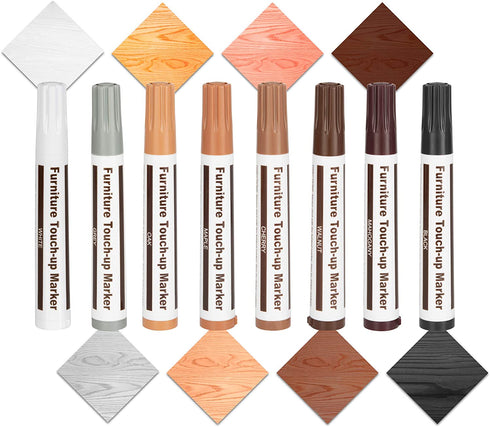 Escest Furniture Touch Up Repair 17Pc Set, Markers and Filler Sticks, Scratches Restore Kit, 8 Felt Tip Markers, 8 Filler Wax Sticks Crayons, 1 Sharpener, Fixing Wood Floors, Tables, Desks, Chairs