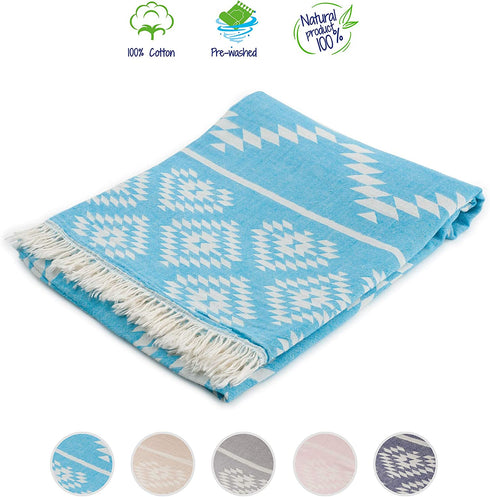 Cozy Maya | 100% Cotton Original Turkish Beach Towel (35" x 67") - Pre-Washed Peshtemal, Pool, Gym, Spa, Hammam, Bath Towel, Eco-Friendly (Blue)