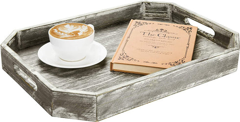MyGift Gray Wood Serving Tray with Handles - Rustic Farmhouse Decor Breakfast, Ottoman, Coffee Table Decorative Tray with Angled Edges