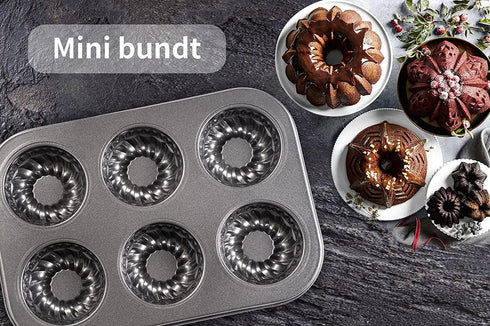 Mini Bund Cake pan, 6-Cavity Fluted Tube Cake Pan Brownie Bowl Pan Small Round Cake Mold Shortcake Pan for Baking Bavarois Brownie Cupcake Pudding Canele