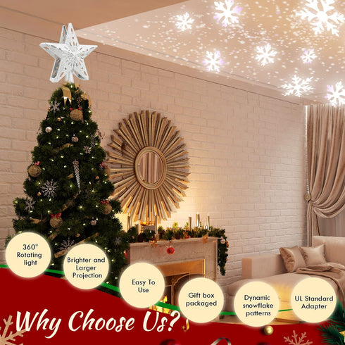 Christmas Tree Topper Lighted, Christmas Tree Toppers with Rotating Snowflakes LED Projector, Silver Star Tree Toppers Christmas Decorations