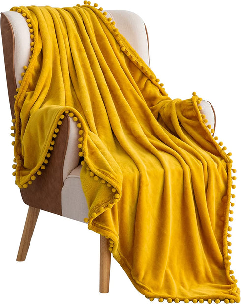 BT.WA Throw Blanket with Pompom Fringe Soft Cozy Flannel Blanket for Couch Sofa Bed Camping Travel Home Decor (Yellow, 51"x63")