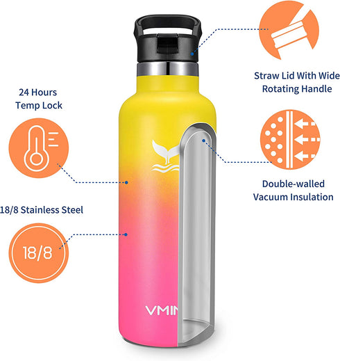 Vmini Water Bottle - Standard Mouth Stainless Steel & Vacuum Insulated Bottle, New Straw Lid with Wide Handle, Gradient Yellow+Pink & 22 oz