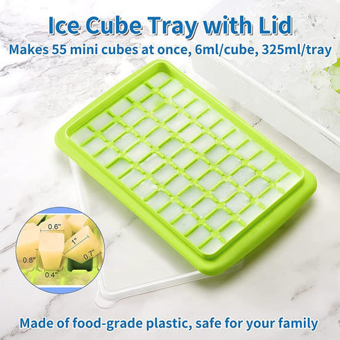 Ice Cube Tray with Lid and Bin for Freezer, Easy Release 55 Nugget Ice Tray with Cover, Storage Container, Scoop. Perfect Small Ice Cubes Trays & Mold. Flexable Durable Plastic, BPA Free