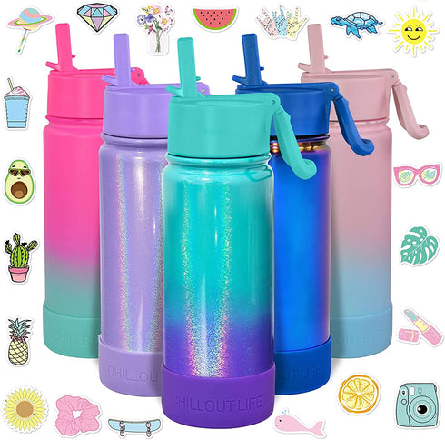 CHILLOUT LIFE 17 oz Insulated Water Bottle with Straw Lid for Kids and Adult + 20 Funny Waterproof Stickers - Perfect for Personalizing Your Kids Metal Water Bottle