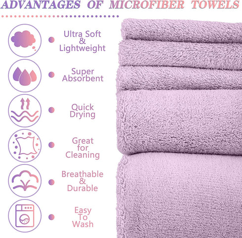 UMANI Bath Towel Set, 1 Bath Towel, 1 Hand Towel, and 3 Washcloths, Premium Microfiber Coral Velvet Super Absorbent Towels for Bathroom, Shower Towel, Pack of 5 (Light Purple)