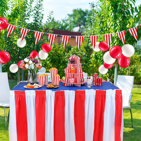 14 Pieces Carnival Red White Striped Table Skirt Carnival Tablecloth Circus Theme Table Cover 3 Tier Cupcake Foam Stand Popcorn Box for Mardi Cras Home Party Decorations Supplies