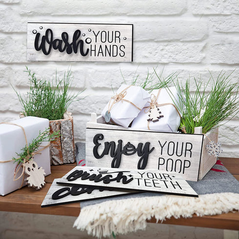 rabbitable 4 Pieces Farmhouse Bathroom Wall Decor,Wash Your Hands Brush Your Teeth Comb Your Hair ,Rustic Wooden Bathroom Wall Arts Decoration Bathroom Funny Sign