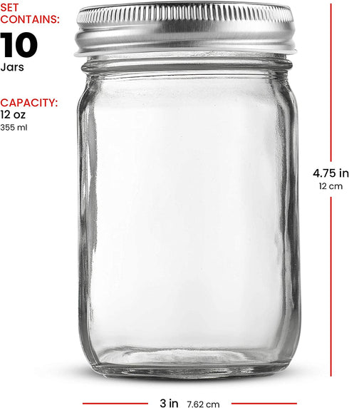 Regular-Mouth Glass Mason Jars, 12-Ounce (10-Pack) Canning Jars with Silver Metal Airtight Lids for Meal Prep, Food Storage, Canning, Drinking, Overnight Oats, Jelly, Dry Food, Spices, Salads, Yogurt