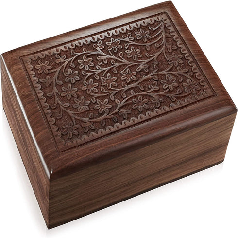 Reminded Rosewood Hand-Carved Floral Urn Box - Cremation Memorial with Velvet Bag - Medium