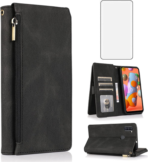 Compatible with Samsung Galaxy A11 Wallet Case and Tempered Glass Screen Protector Zipper Leather Flip Cover Card Holder Stand Cell Accessories Phone Cases for Glaxay A 11 Gaxaly 11A Women Men Black