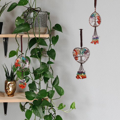 Healing Crystal Hanging Ornaments Tree of Life for Car Hanging Accessories, Party Decor Meditation Decorations, 7-Chakra Stones Tumbled Palm Stones Life Good Luck Home Ornaments (SGK-3 Packs)