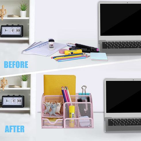 Desk Organizer Office Accessories, Multi-Functional Mesh Desk Organizer with 6 Compartments and 1 Drawer for Home, Office, School, Workshop, kitchen (Pink)