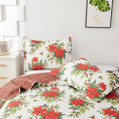 Flower Quilt Set Full/Queen Size ,3 Pcs Poinsettia Floral Quilts Lightweight Reversible Red Christmas Flower Bedspread Coverlet New Year Holiday Bedding with Pillow Shams