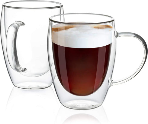 MEWAY 12oz/2 PACK Coffee Mugs,Clear Glass Double Wall Cup with handle for Coffee, Tea, Latte, Cappuccino (12 oz?2)