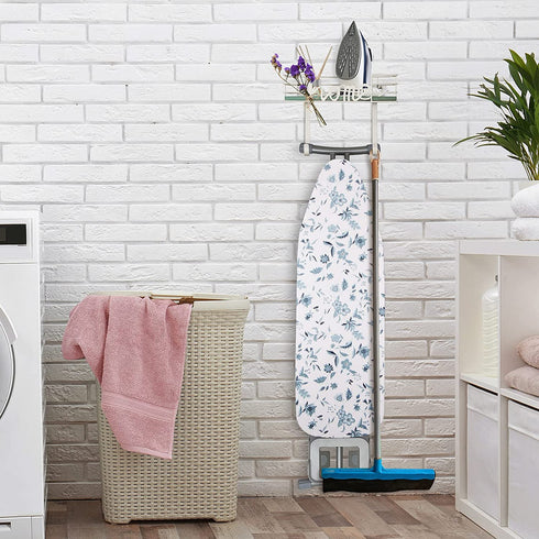 TJ.MOREE Ironing Board Hanger Wall Mount - Laundry Room Decor Iron and Ironing Board Holder, Metal Wall Mount with Large Storage Blue Wooden Base Basket and Removable Hooks