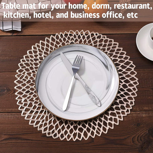 Placemats Set of 6,Pressed Vinyl Table mat,Gold Round Metallic Hollow placemat,Non-Slip Washable PVC Chargers Place mat for Dining,Wedding,Holiday,Party.