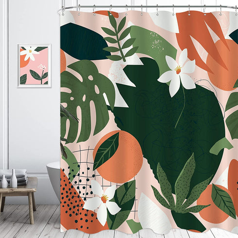 KOMLLEX Abstract Orange Floral Shower Curtain Set 60Wx72H Inch Modern Tropical Fruit Plant Shower Curtain Cute Citrus Aesthetic Spring Flower Bathroom Accessories Women Girl Palm Leaf Bathtub Decor
