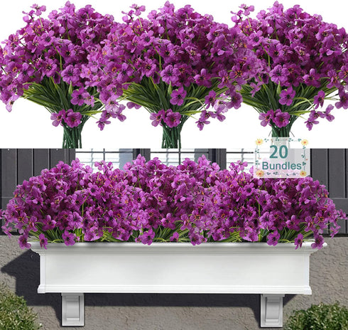 Artificial Flowers Outdoor, 20 Bundles Artificial Plants UV Resistant Fake Plants for Outdoors Outside Front Porch Window Box Hanging Planter Decoration(Purple)