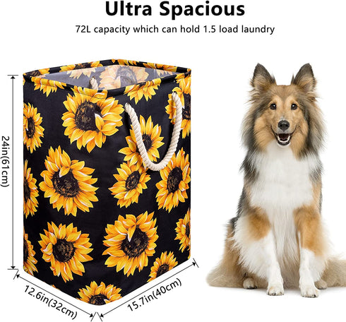 Sunflowers Laundry Hamper, 72L Large Collapsible Tall Laundry Basket Waterproof Dirty Clothes Bag with Cotton Ropes Handles Washing Storage Bin for Clothes, Toys, Nursery, Bedroom, Bathroom, College