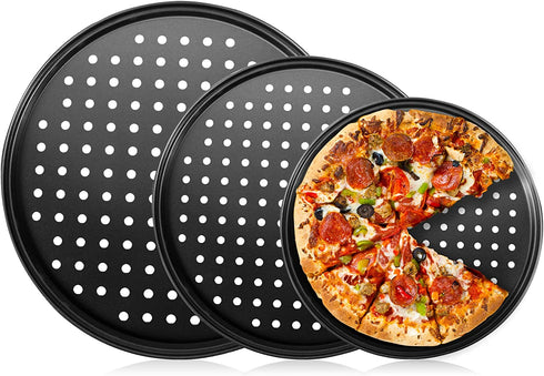 Baking Steel Pizza Pan with Holes, Round Pizza Pan for Oven, 9 Inch, 11 Inch, 12 Inch Bakeware Pizza Tray, mobzio Nonstick Baking Supplies Home Restaurant Kitchen Steel Crisper Pizza Pan Set (3 Pcs)