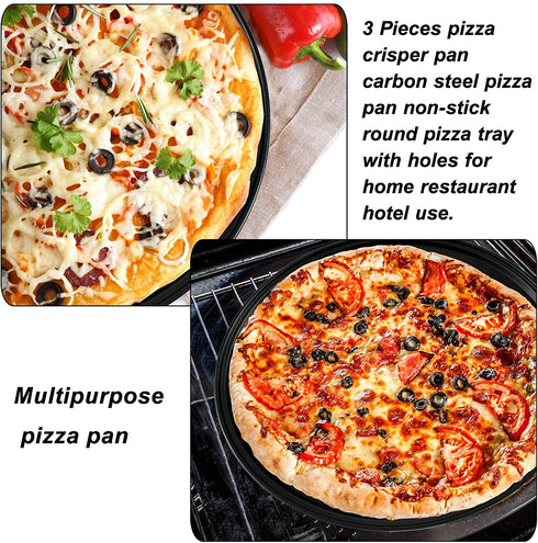 Baking Steel Pizza Pan with Holes, Round Pizza Pan for Oven, 9 Inch, 11 Inch, 12 Inch Bakeware Pizza Tray, mobzio Nonstick Baking Supplies Home Restaurant Kitchen Steel Crisper Pizza Pan Set (3 Pcs)