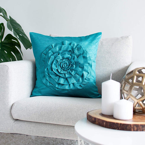 The White Petals Teal Throw Pillow Cover (3D Flower, 18x18 inch, Pack of 1)