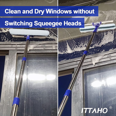 ITTAHO All Purpose Window Squeegee, with 58" Stainless Steel Long Handle and 2 Pcs Microfiber Scrubber Sleeve, 12" Squeegee for Window Cleaning, Car Window, Hard-to-Reach Areas Cleaning Tool