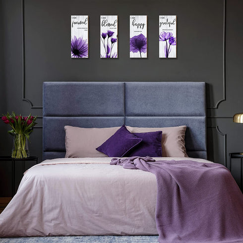 4 Pieces Flower Pictures Wall Decor Living Room Hanging Pictures Wooden Art Wall Decor Wall Art Pictures Thankful Grateful Blessed Home Decoration (Purple)