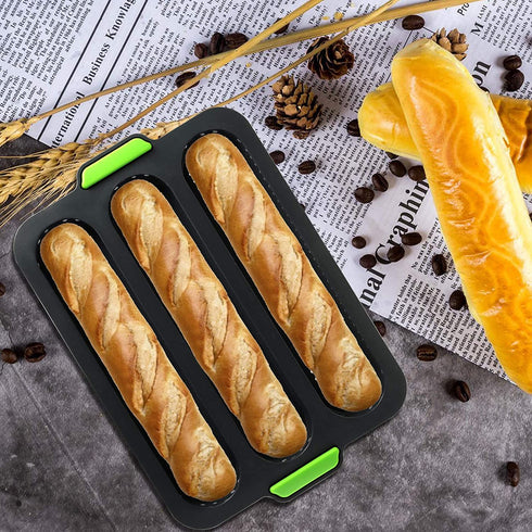 TOPZEA Set of 2 Silicone Baguette Pan, Nonstick French Bread Mold Perforated Pan 3 Wave Loaves Toast Loaf Bake Mold 8 Gutter Bread Crisping Tray for Cake Cooking Baker, Black